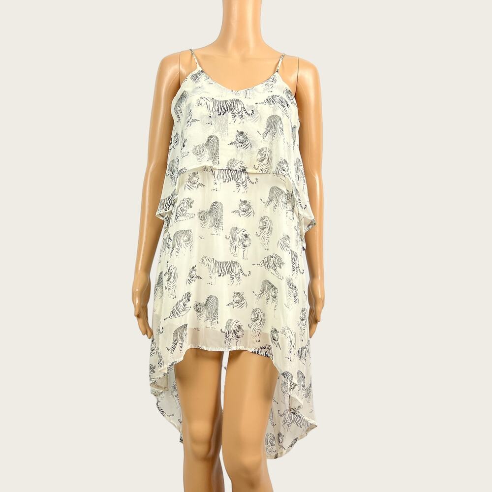 Audrey 3+1 SMALL Sheer Tiger Animal Print Ruffled High Low Tunic Mini Dress Boho